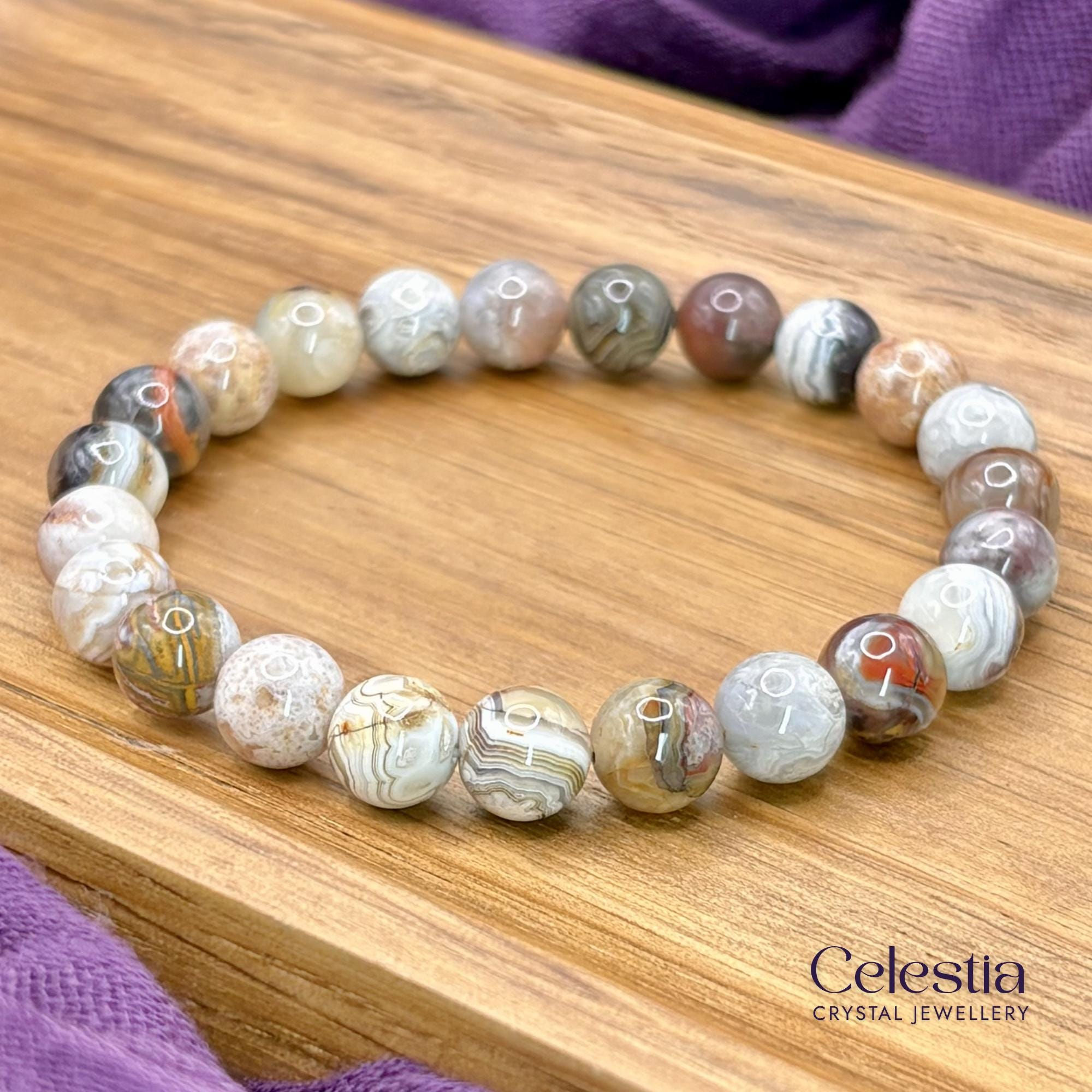 Mexican Crazy Lace Agate Beaded Bracelet | Natural Gemstone Crystal Stacking Jewellery