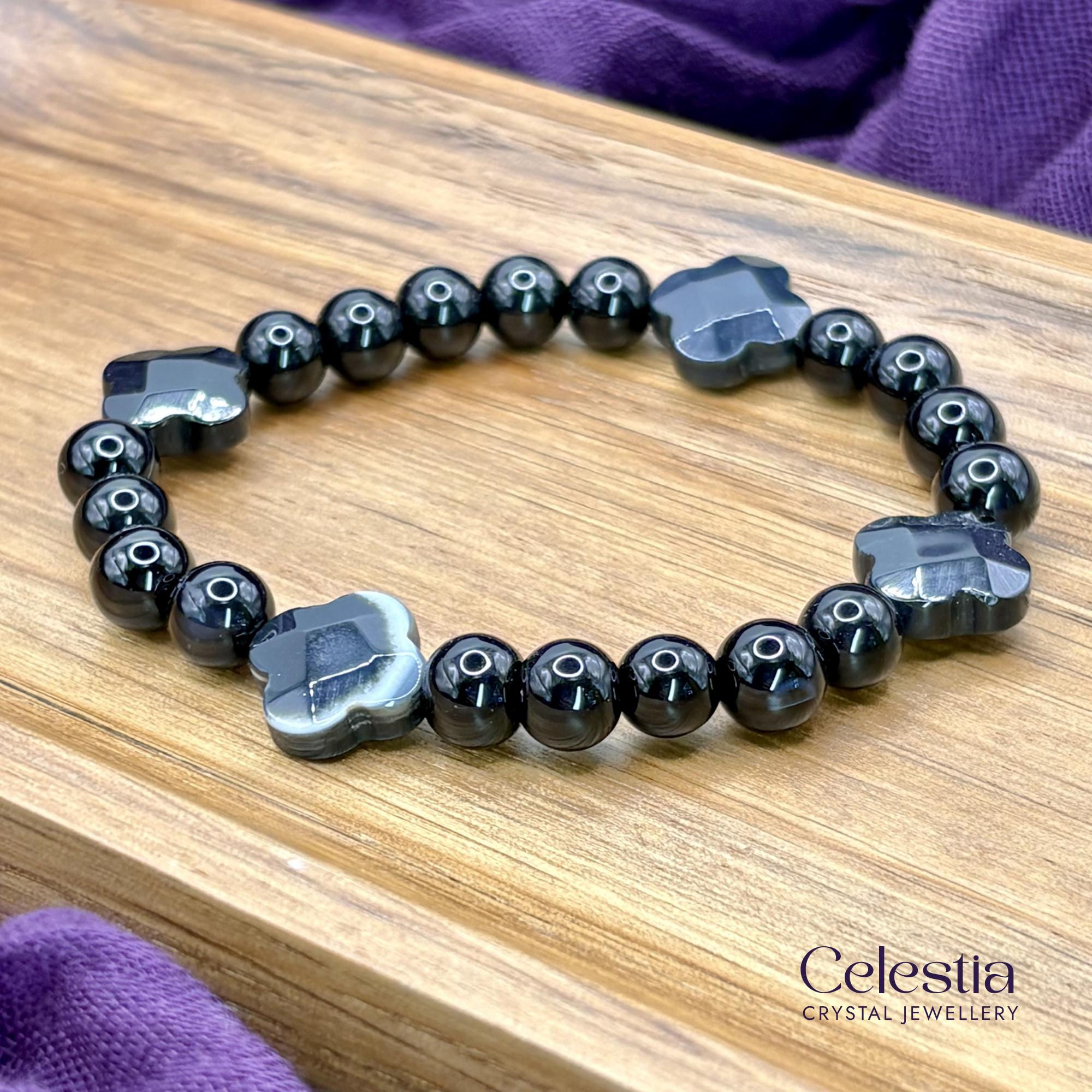 Black Onyx & Striped Agate Clover Bracelet | Natural Gemstone Crystal Stacking Jewellery