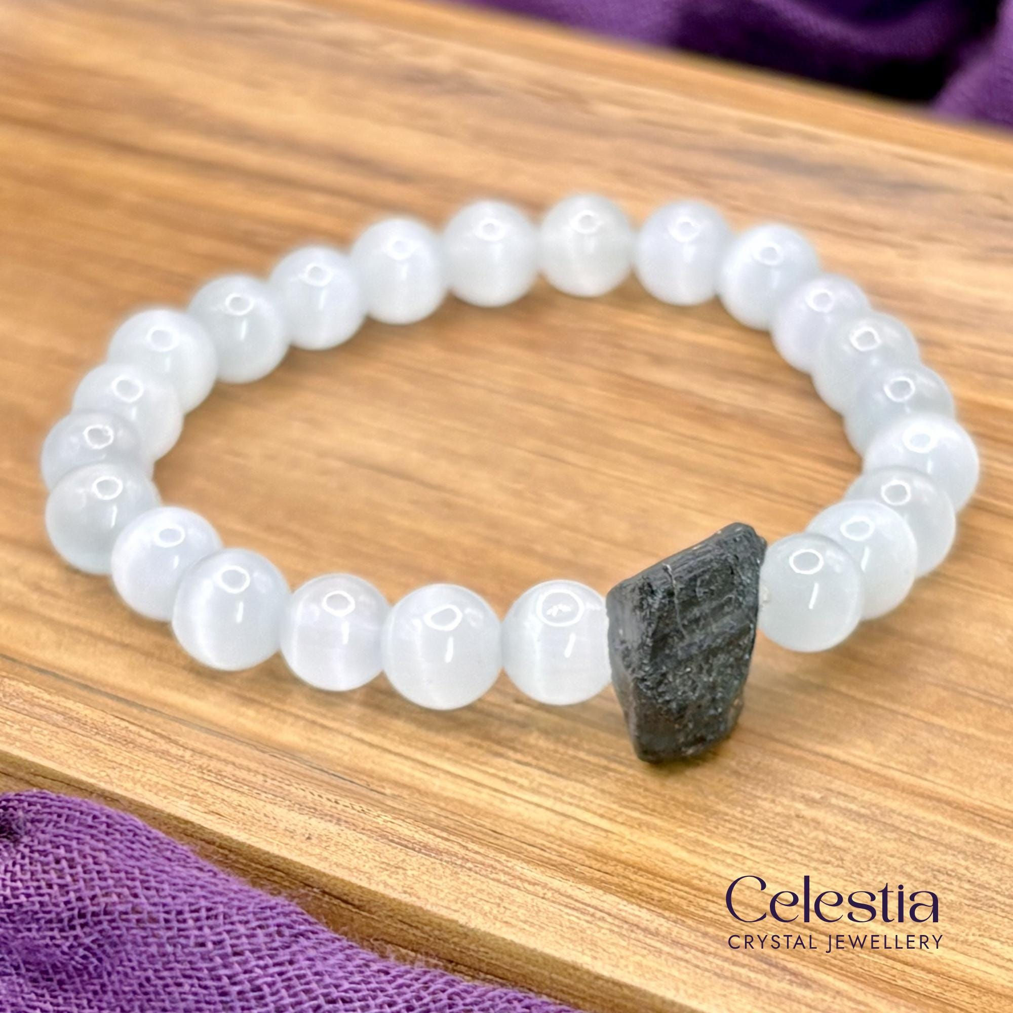 Selenite & Raw Black Tourmaline Beaded Bracelet | Natural Gemstone Crystal Stacking Jewellery