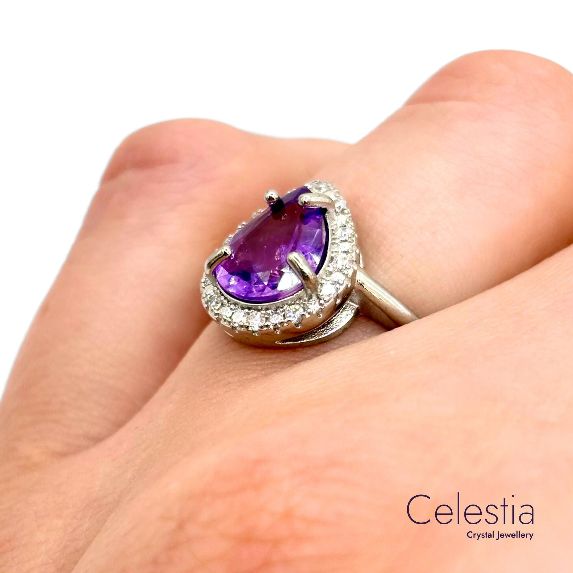 Amethyst Sterling Silver Teardrop Ring | Adjustable Natural Gemstone Crystal Jewellery