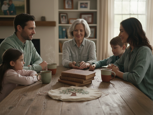 Una familia sentada al rededor de una mesa de comer