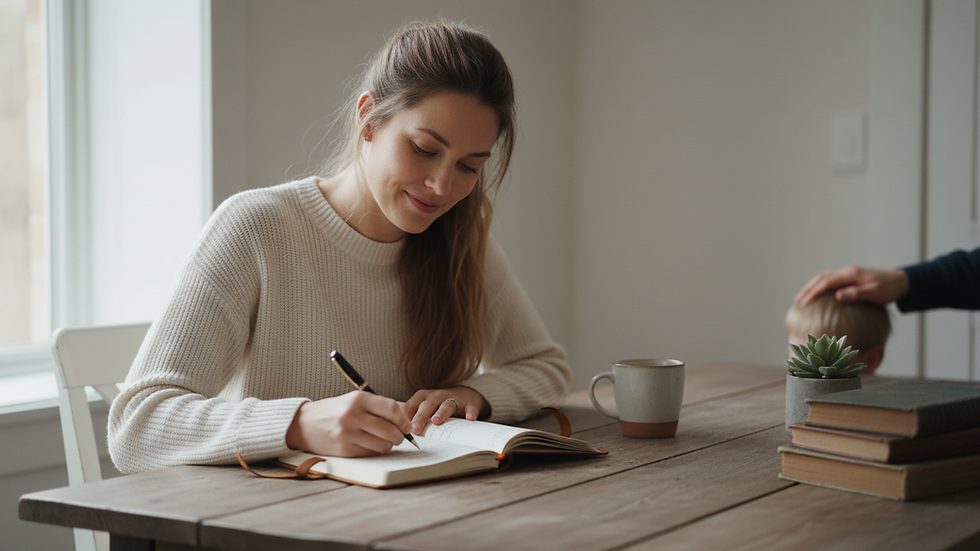 Vista a nivel de ojo de una mujer escribiendo en un diario de gratitud en una mesa de madera