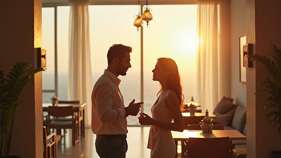 Vista panorámica de una pareja conversando en un espacio luminoso y acogedor
