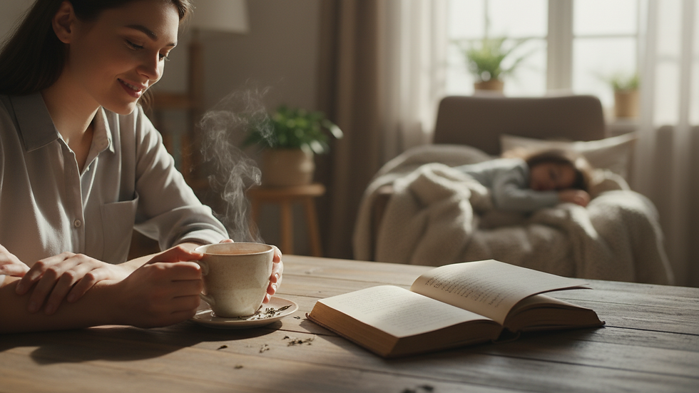 Plano medio de una taza de té humeante sobre una mesa de madera con un libro abierto