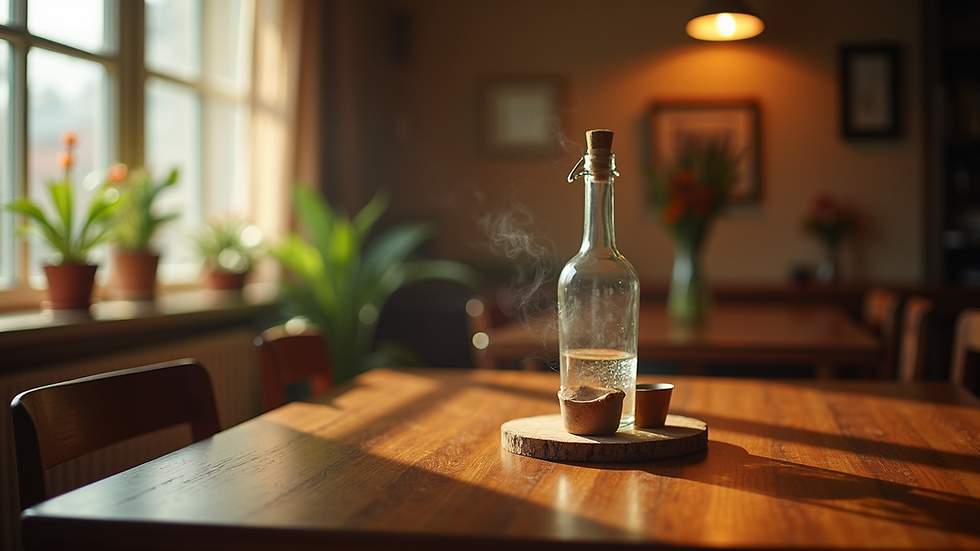 Vista a nivel de ojos de una sala acogedora con luz natural y difusor de aromas encendido