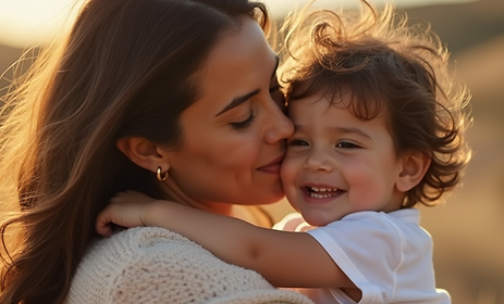 Madre latina-joven abrazando a su hijo pequeño con una sonrisa tierna, bajo luz natural cá