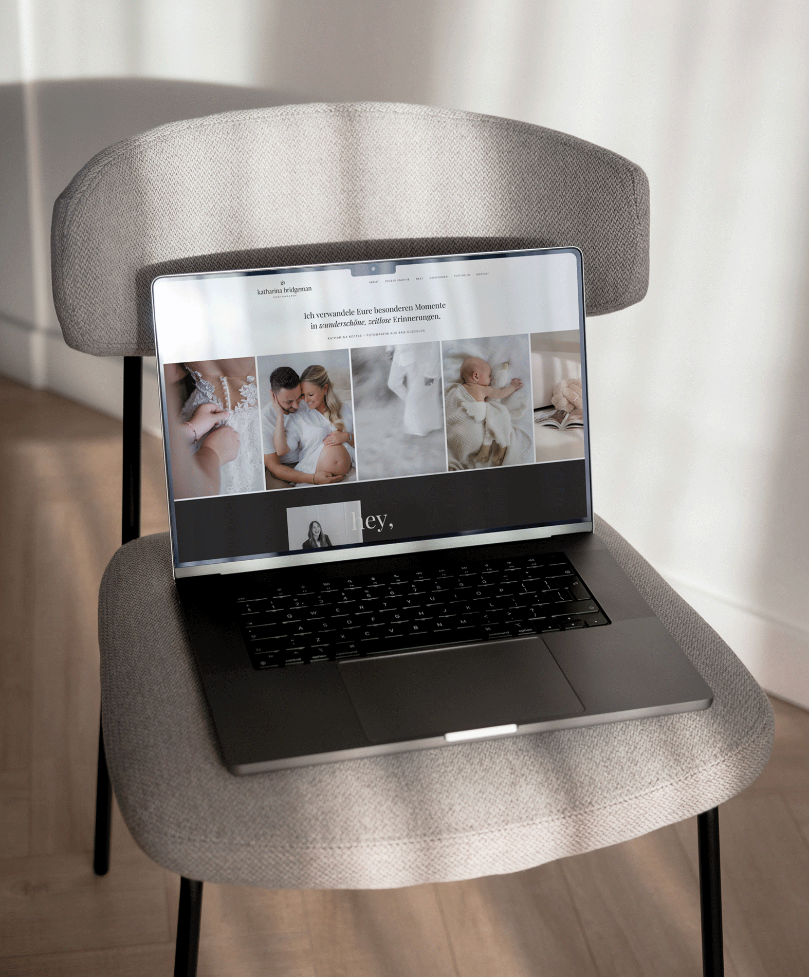 Mockup of a laptop standing on a chair, showcasing website of katharina bridgeman photography