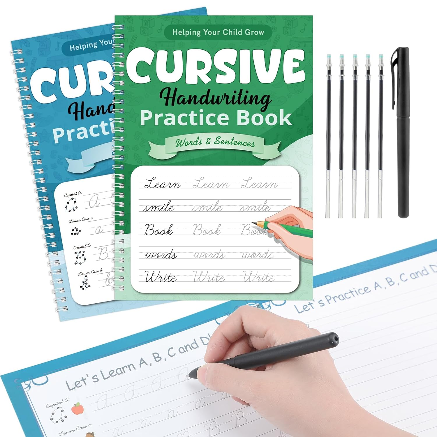Cursive Handwriting Kit for Kids - 2 Pack Reusable Copybooks with Pens