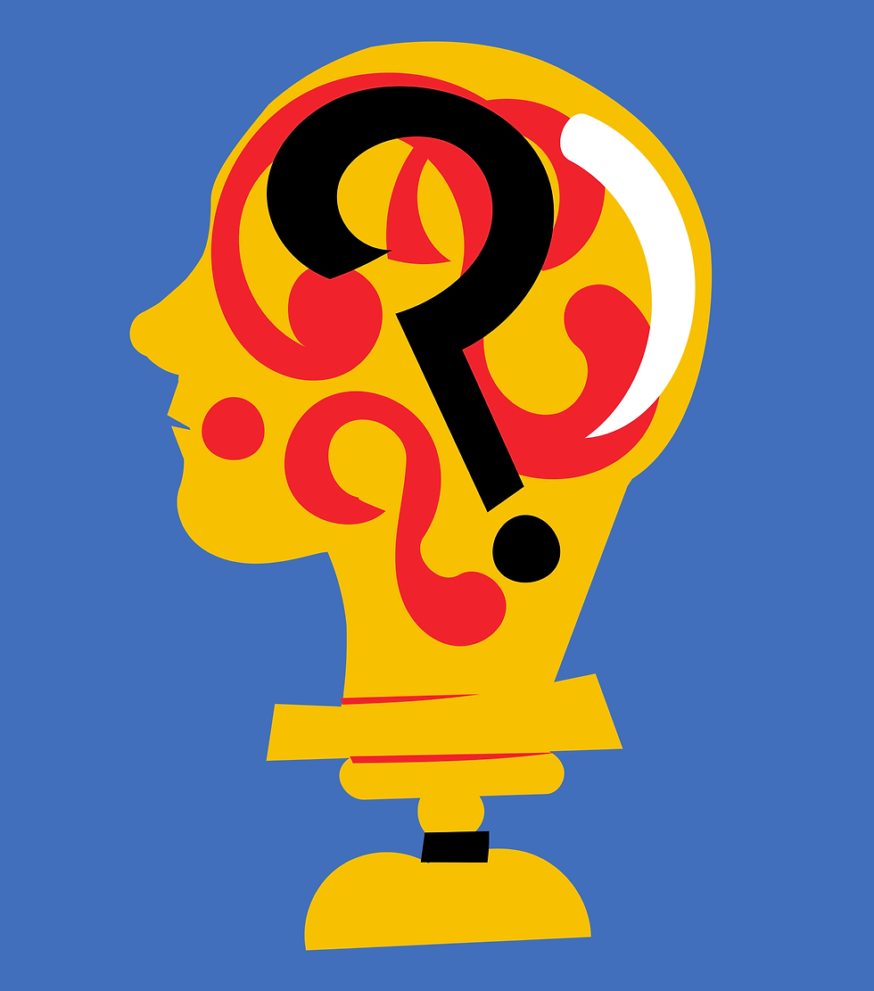Yellow head silhouette with red swirls and a large black question mark, set against a blue background, suggesting curiosity or confusion.