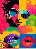 Vibrant pop art of a girl with sunglasses and colorful lips, mad girl art.
