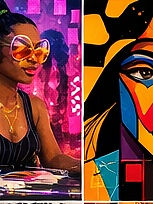 Woman in heart sunglasses and abstract art