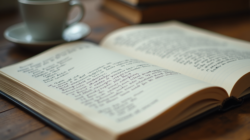 Close-up view of an open notebook with handwritten poetry