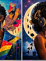 Vibrant art with woman, rainbow flag, and moon; another woman by crescent moon