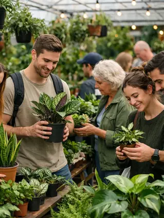 Personas comprando plantas de interior.