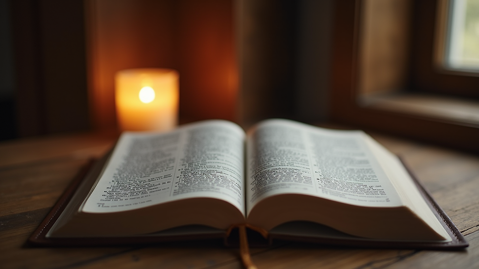 Close-up view of a Bible open on a wooden table with a candle nearby