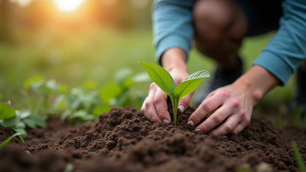 Close-up of hands planting a tree in community garden