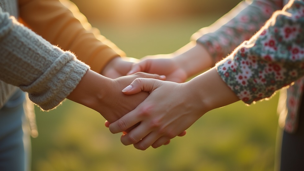 Close-up view of a circle of women holding hands in a serene outdoor setting
