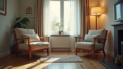 Eye-level view of a cozy counselling room with two chairs and soft lighting