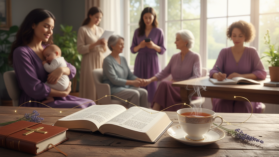 Eye-level view of a prayer book open on a wooden table with a cup of tea