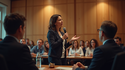 Eye-level view of a woman speaking at a community leadership event