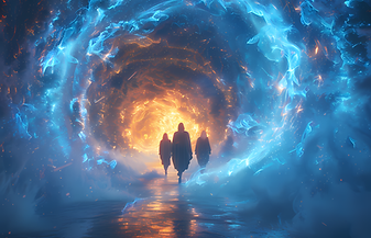 Adventurers entering an immersive reality portal