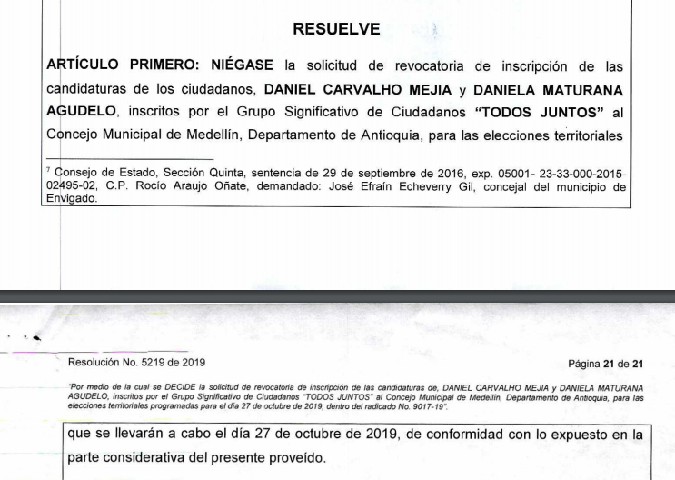 Extracto de la resolución del CNE que mantiene en firme candidaturas al Concejo de Carvalho y Maturana