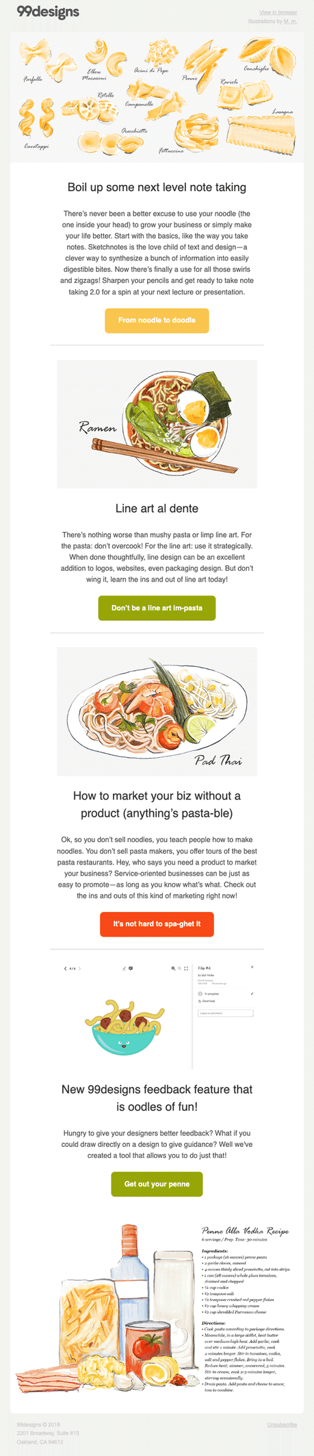 Pasta pun themed email newsletter for 99designs