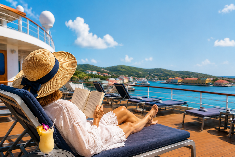Woman relaxing with a book on a cruise ship deck while the ship is in port.