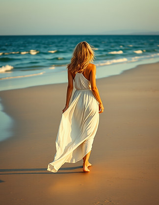 Woman in white dress walking on the beach