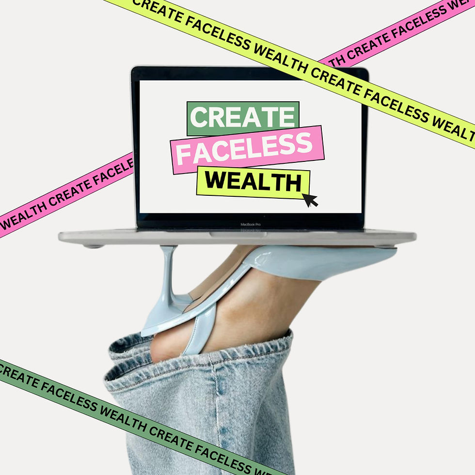 Laptop displaying "Create Faceless Wealth" held by a person in jeans and a high heel