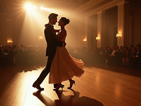 A-ballroom-dance-couple-gracefully-gliding-across-the-dance-floor-under-soft-lighting-in-a
