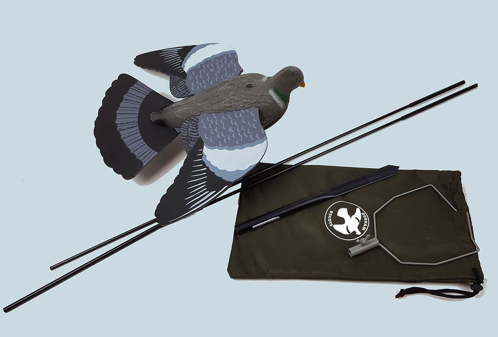 Thumbnail: Terminator flying pigeon decoy with decoy storage bag and bouncer pole.