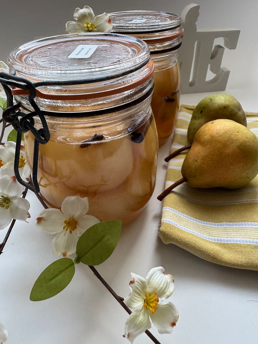 Rexglas, Geschirrtuch, Birnen, Blüten