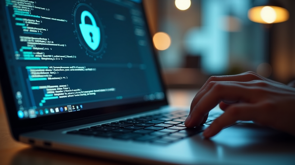 Close-up view of a person typing on a laptop with cybersecurity software displayed on the screen