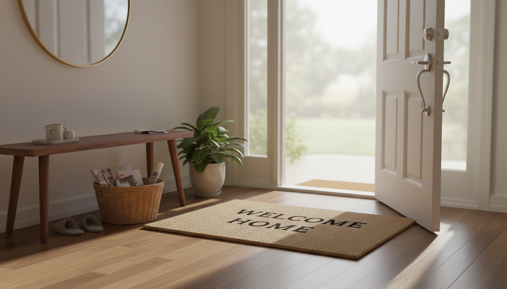 Wide-angle view of a front door entryway with a small welcome mat and a basket of mail.