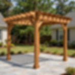 Wooden pergola on a stone patio in a backyard garden.