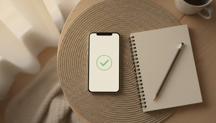 Overhead view of a smartphone showing a simple confirmation checkmark beside a notebook.