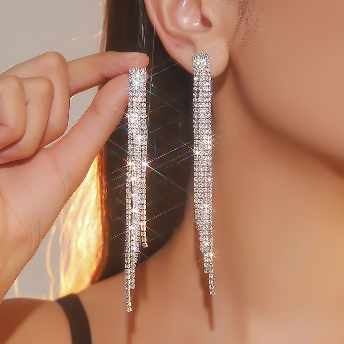 TREAZY Shiny 4 Lines Rhinestone Crystal Tassel Long Earrings for Women Wedding
