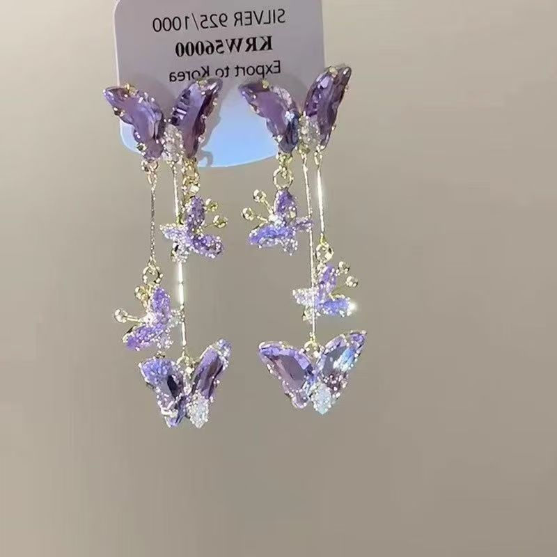 Elegant Purple Glass Butterfly Long Tassel Earrings for Women Delicate Rhineston