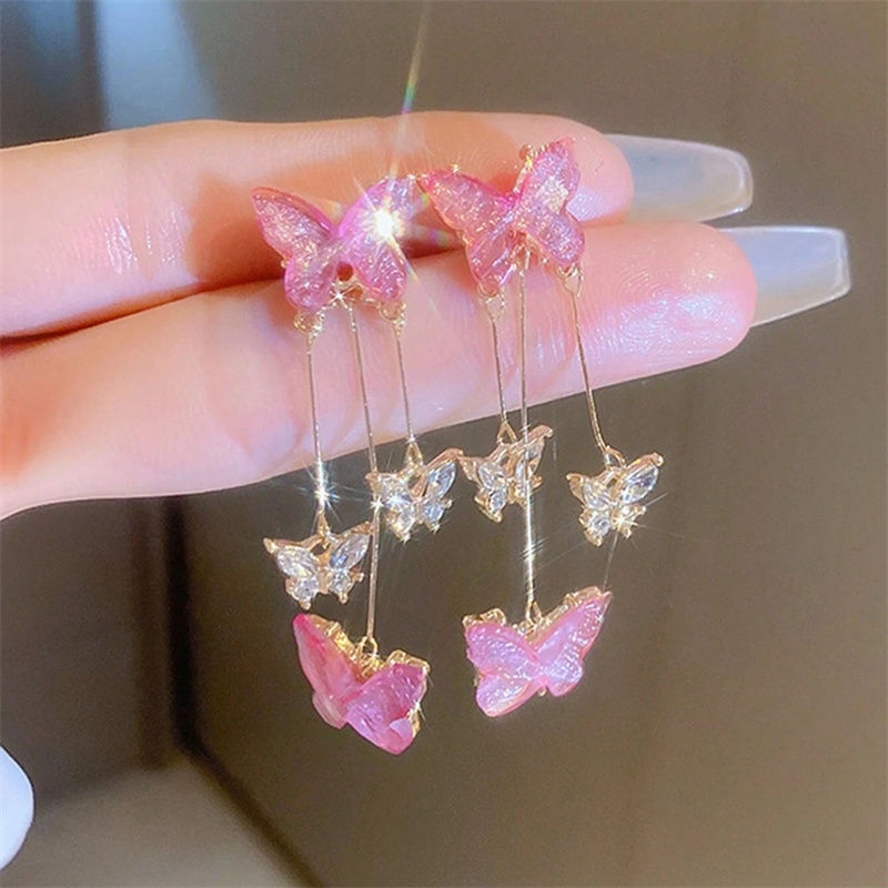 Thumbnail: Elegant Purple Glass Butterfly Long Tassel Earrings for Women Delicate Rhineston