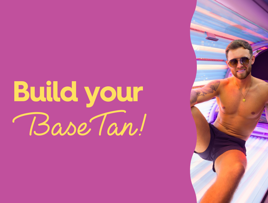 Man in sunglasses smiling inside a tanning bed with blue and purple lights, text "Build your Base Tan!" on pink background.