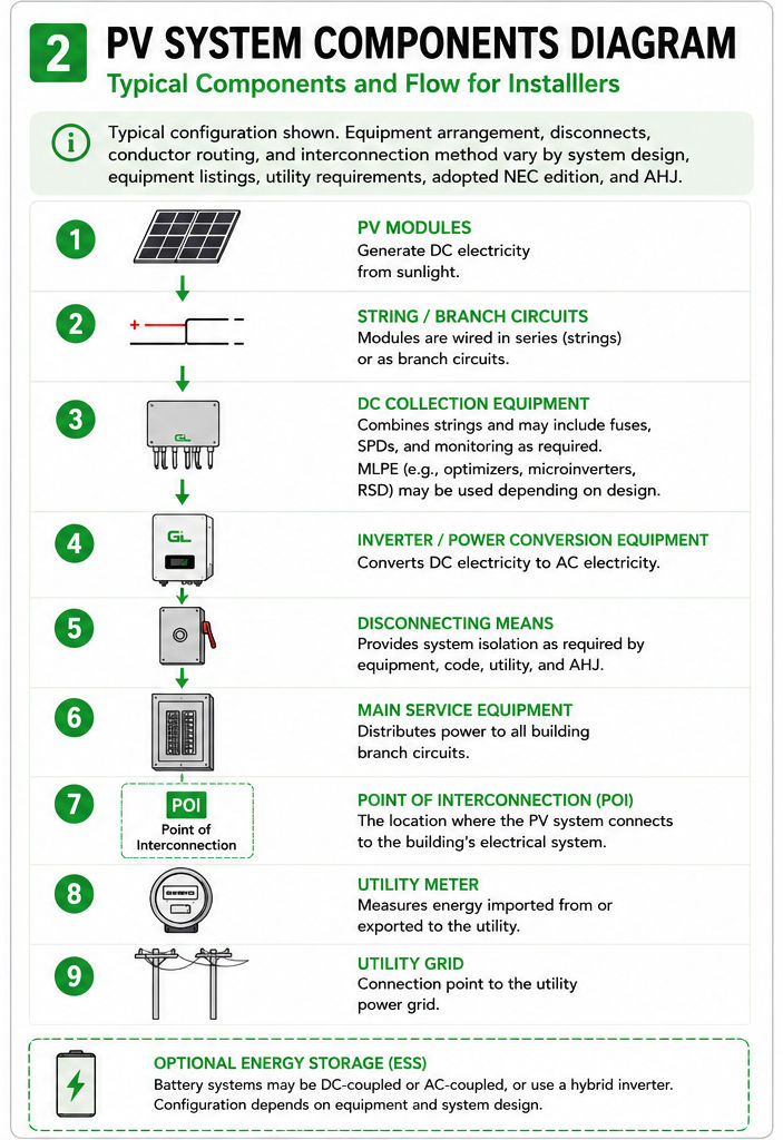 PV system components diagram for installers showing modules, circuits, inverter, disconnect, service equipment, point of interconnection, meter and grid