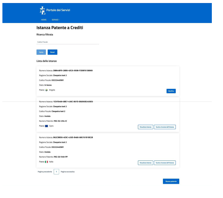 ricerca filtrata delle richieste di rilascio patente a crediti