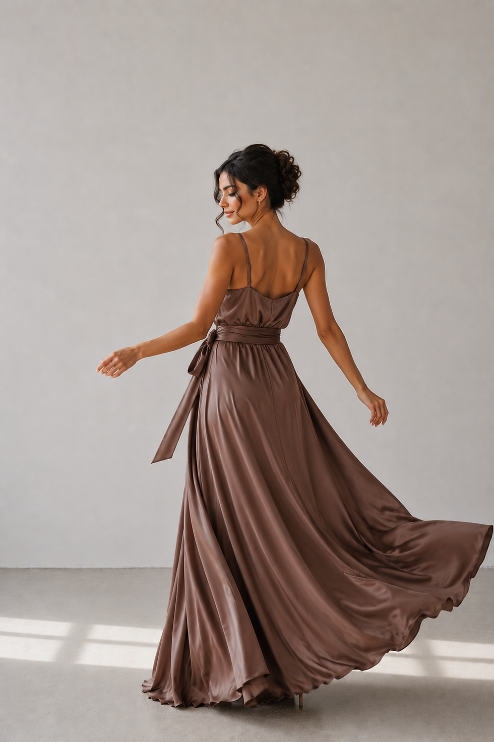 Thumbnail: Mocha Brown Silk Satin Spaghetti Strap Maxi Wrap Dress with Side Slit
