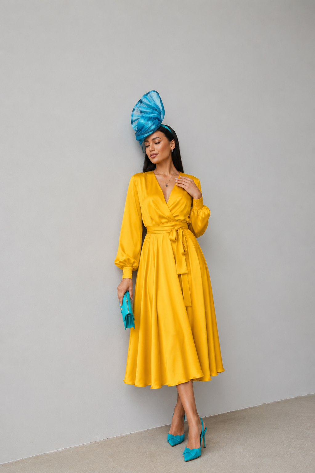 Mustard yellow silk satin wrap midi dress with long sleeves for wedding guests and mother of the bride