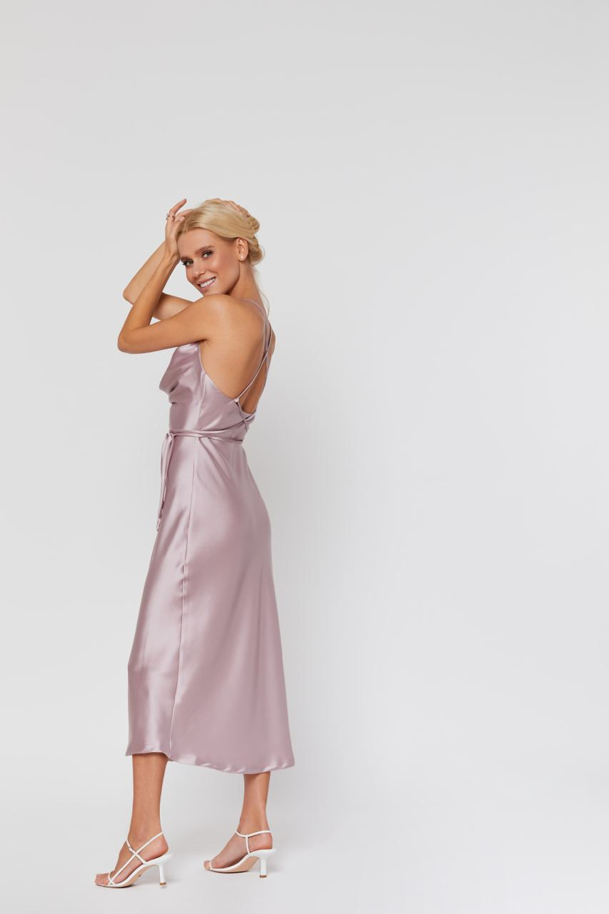 Miniature : Mauve Lilac Silk Satin Cowl Neck Midi Slip Dress Lilac Bridesmaid Dress Silk Formal Occasion Midi Slip Dress