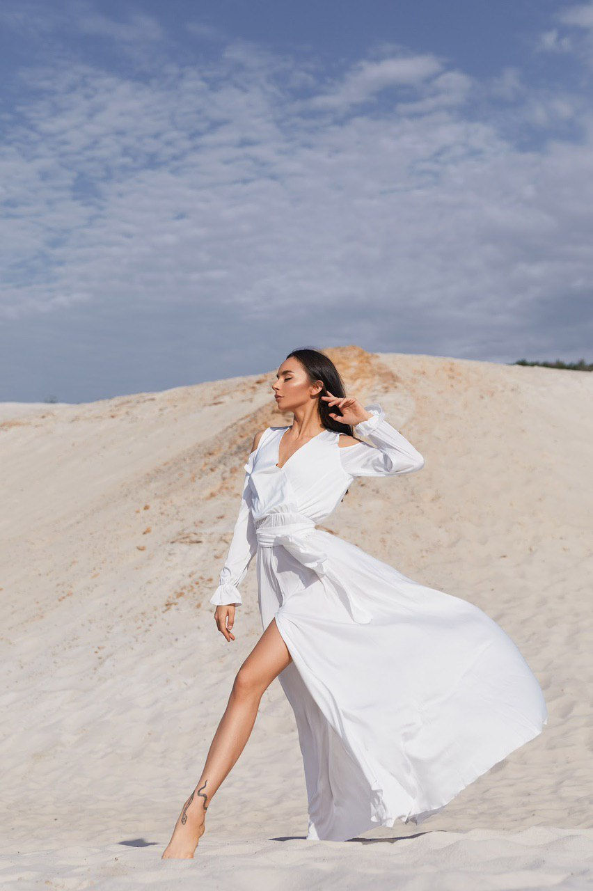 Miniature : White Satin Long Sleeve Cold Shoulder Open Back Low Back Maxi Wrap Dress