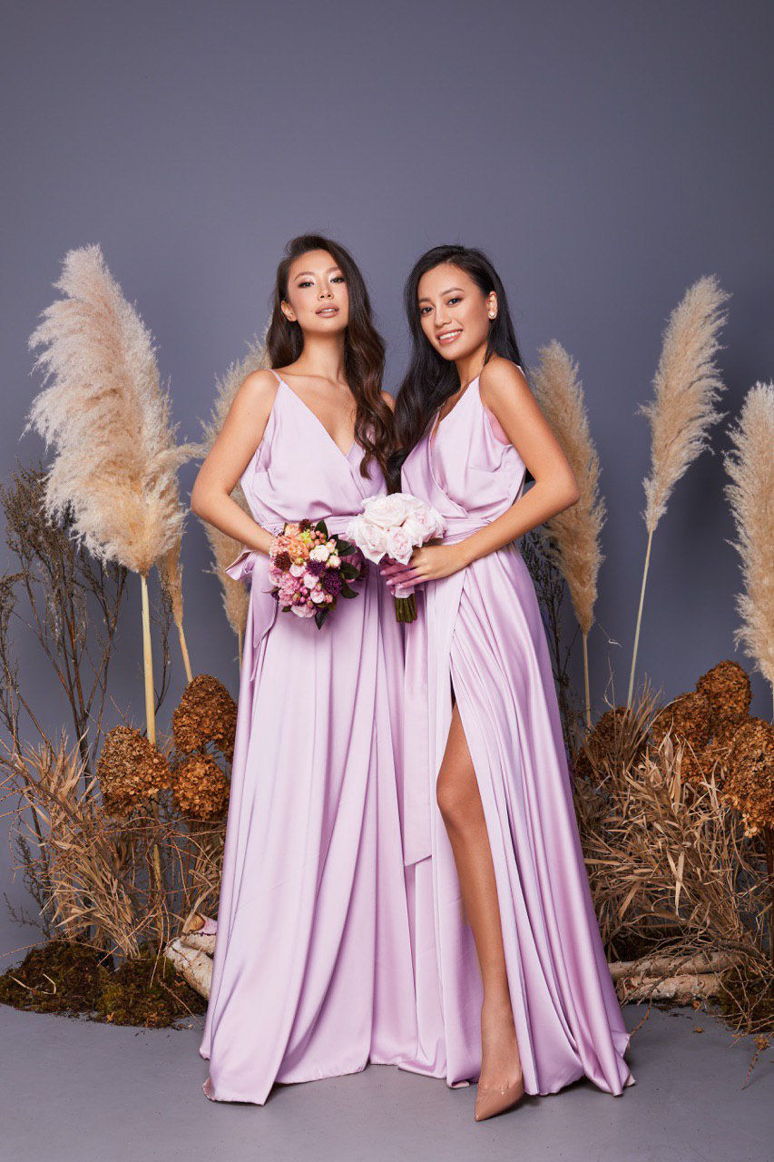 Miniature : Pale Lilac Silk Satin Spaghetti Strap Maxi Wrap Dress with Side Slit