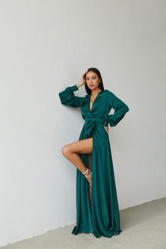 Emerald Green Satin Wrap Long Sleeve Maxi Dress | Elegant Silk Satin Formal Gown Emerald Green Satin Wrap Long Sleeve Maxi Dress | Elegant Silk Satin Formal Gown