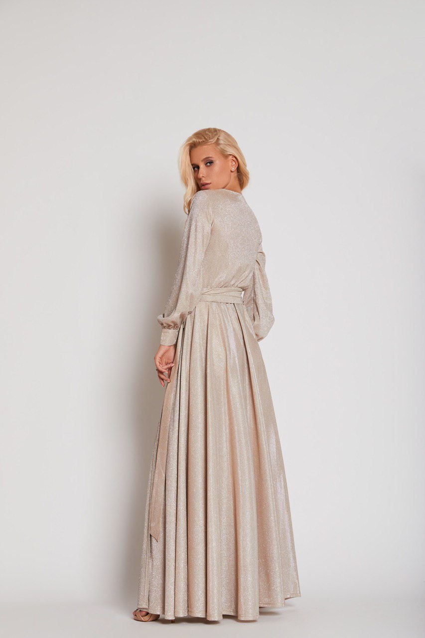 Miniature : Champagne Silver Sparkly Long Sleeve Maxi Wrap Dress
